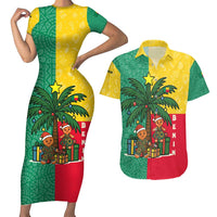 Benin Christmas Couples Matching Short Sleeve Bodycon Dress and Hawaiian Shirt with Palm Tree Dolls and Red Yellow Green Festive - Wonder Print Shop