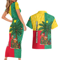 Benin Christmas Couples Matching Short Sleeve Bodycon Dress and Hawaiian Shirt with Palm Tree Dolls and Red Yellow Green Festive - Wonder Print Shop