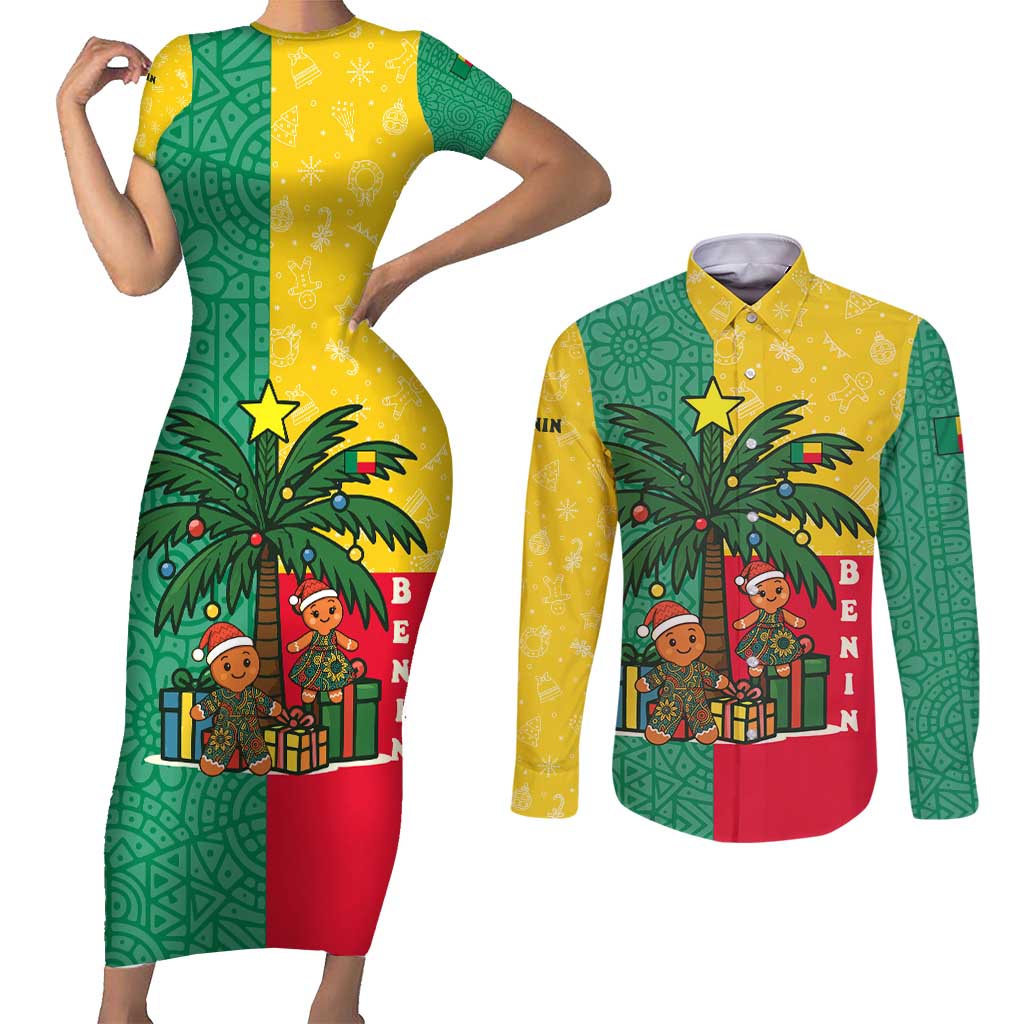 Benin Christmas Couples Matching Short Sleeve Bodycon Dress and Long Sleeve Button Shirt with Palm Tree Dolls and Red Yellow Green Festive - Wonder Print Shop