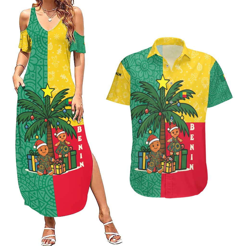 Benin Christmas Couples Matching Summer Maxi Dress and Hawaiian Shirt with Palm Tree Dolls and Red Yellow Green Festive - Wonder Print Shop