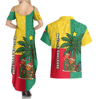 Benin Christmas Couples Matching Summer Maxi Dress and Hawaiian Shirt with Palm Tree Dolls and Red Yellow Green Festive - Wonder Print Shop