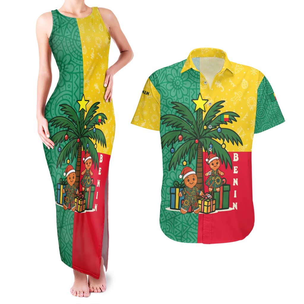 Benin Christmas Couples Matching Tank Maxi Dress and Hawaiian Shirt with Palm Tree Dolls and Red Yellow Green Festive - Wonder Print Shop