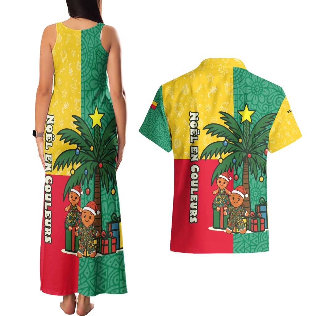 Benin Christmas Couples Matching Tank Maxi Dress and Hawaiian Shirt with Palm Tree Dolls and Red Yellow Green Festive - Wonder Print Shop