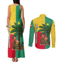 Benin Christmas Couples Matching Tank Maxi Dress and Long Sleeve Button Shirt with Palm Tree Dolls and Red Yellow Green Festive - Wonder Print Shop
