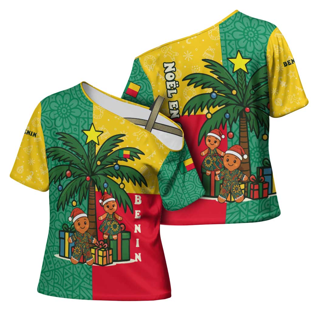 Benin Christmas Cross Shoulder Shirt with Palm Tree Dolls and Red Yellow Green Festive - Wonder Print Shop