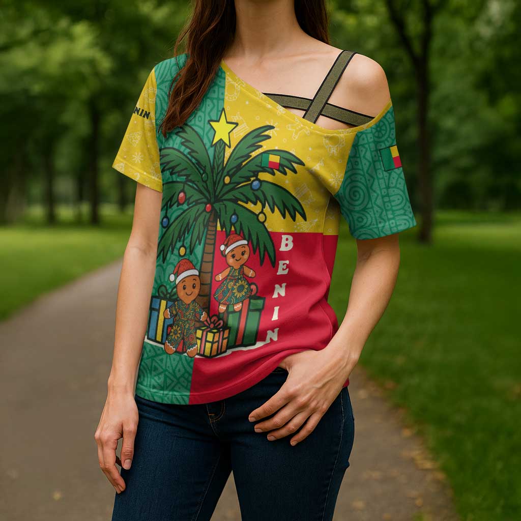 Benin Christmas Cross Shoulder Shirt with Palm Tree Dolls and Red Yellow Green Festive - Wonder Print Shop
