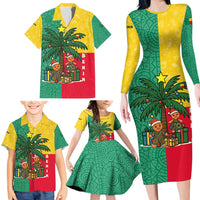 Benin Christmas Family Matching Long Sleeve Bodycon Dress and Hawaiian Shirt with Palm Tree Dolls and Red Yellow Green Festive - Wonder Print Shop