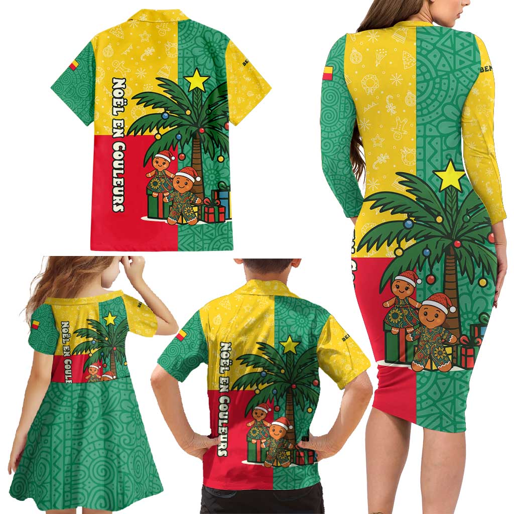 Benin Christmas Family Matching Long Sleeve Bodycon Dress and Hawaiian Shirt with Palm Tree Dolls and Red Yellow Green Festive - Wonder Print Shop