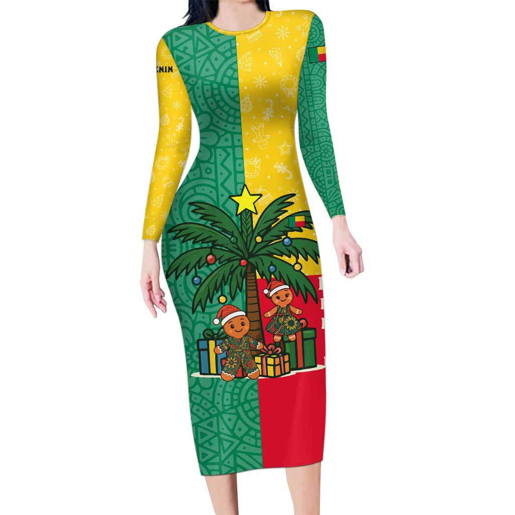 Benin Christmas Family Matching Long Sleeve Bodycon Dress and Hawaiian Shirt with Palm Tree Dolls and Red Yellow Green Festive - Wonder Print Shop