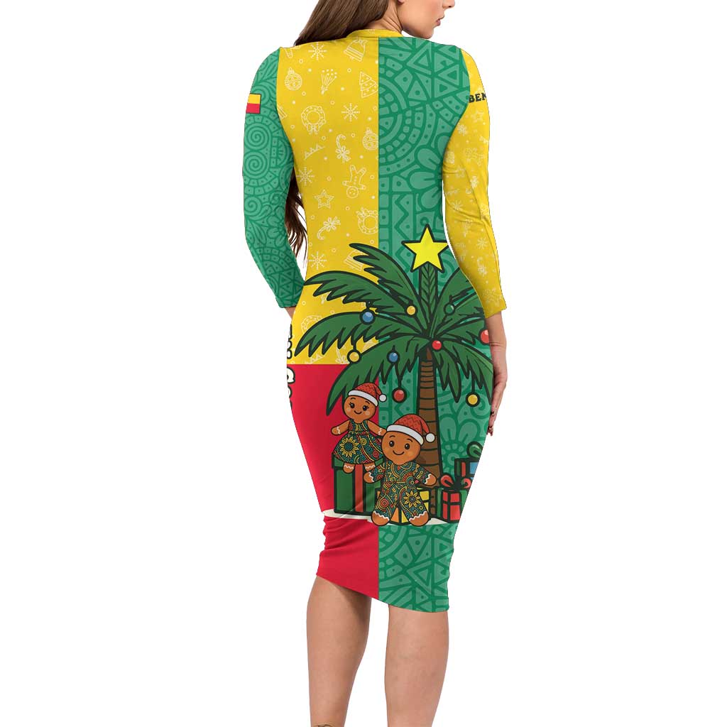 Benin Christmas Family Matching Long Sleeve Bodycon Dress and Hawaiian Shirt with Palm Tree Dolls and Red Yellow Green Festive - Wonder Print Shop