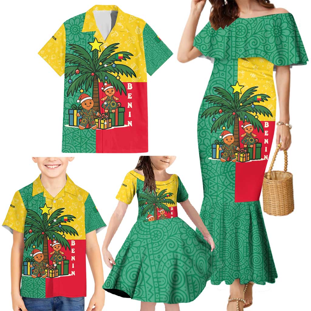 Benin Christmas Family Matching Mermaid Dress and Hawaiian Shirt with Palm Tree Dolls and Red Yellow Green Festive - Wonder Print Shop