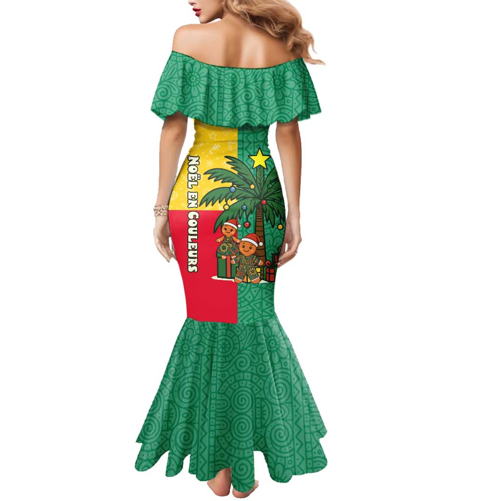 Benin Christmas Family Matching Mermaid Dress and Hawaiian Shirt with Palm Tree Dolls and Red Yellow Green Festive - Wonder Print Shop