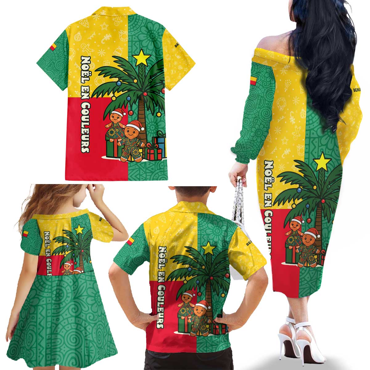 Benin Christmas Family Matching Off The Shoulder Long Sleeve Dress and Hawaiian Shirt with Palm Tree Dolls and Red Yellow Green Festive - Wonder Print Shop