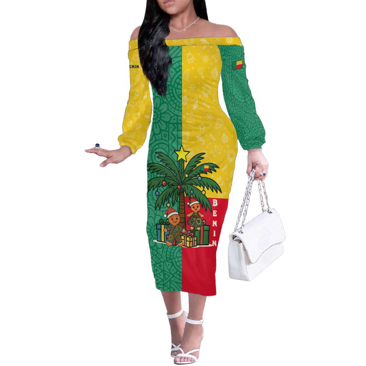Benin Christmas Family Matching Off The Shoulder Long Sleeve Dress and Hawaiian Shirt with Palm Tree Dolls and Red Yellow Green Festive - Wonder Print Shop