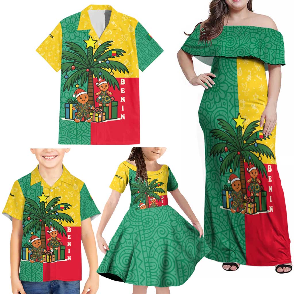 Benin Christmas Family Matching Off Shoulder Maxi Dress and Hawaiian Shirt with Palm Tree Dolls and Red Yellow Green Festive - Wonder Print Shop