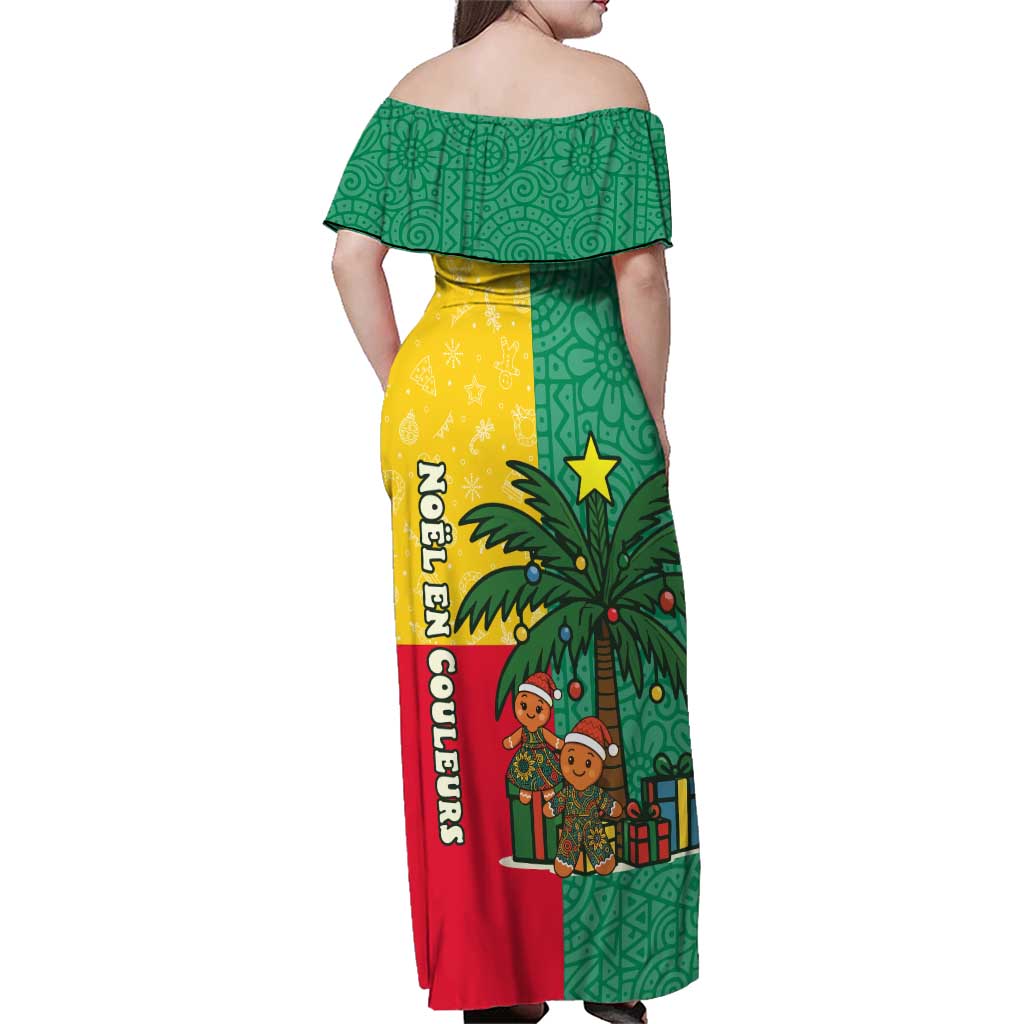 Benin Christmas Family Matching Off Shoulder Maxi Dress and Hawaiian Shirt with Palm Tree Dolls and Red Yellow Green Festive - Wonder Print Shop
