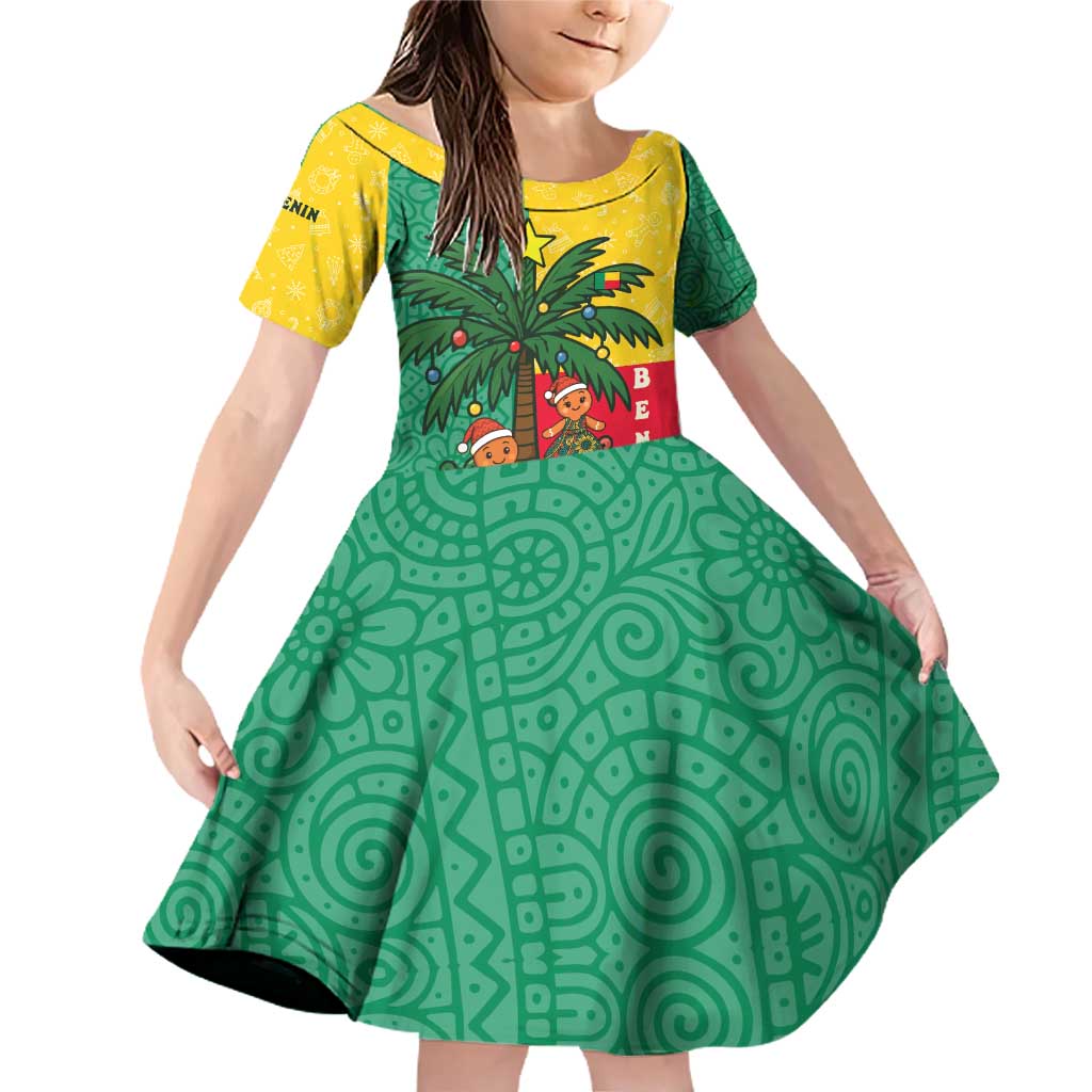 Benin Christmas Family Matching Off Shoulder Short Dress and Hawaiian Shirt with Palm Tree Dolls and Red Yellow Green Festive - Wonder Print Shop