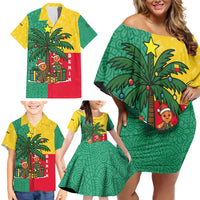 Benin Christmas Family Matching Off Shoulder Short Dress and Hawaiian Shirt with Palm Tree Dolls and Red Yellow Green Festive - Wonder Print Shop