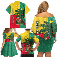 Benin Christmas Family Matching Off Shoulder Short Dress and Hawaiian Shirt with Palm Tree Dolls and Red Yellow Green Festive - Wonder Print Shop