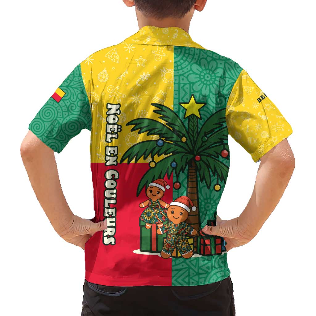 Benin Christmas Family Matching Short Sleeve Bodycon Dress and Hawaiian Shirt with Palm Tree Dolls and Red Yellow Green Festive - Wonder Print Shop
