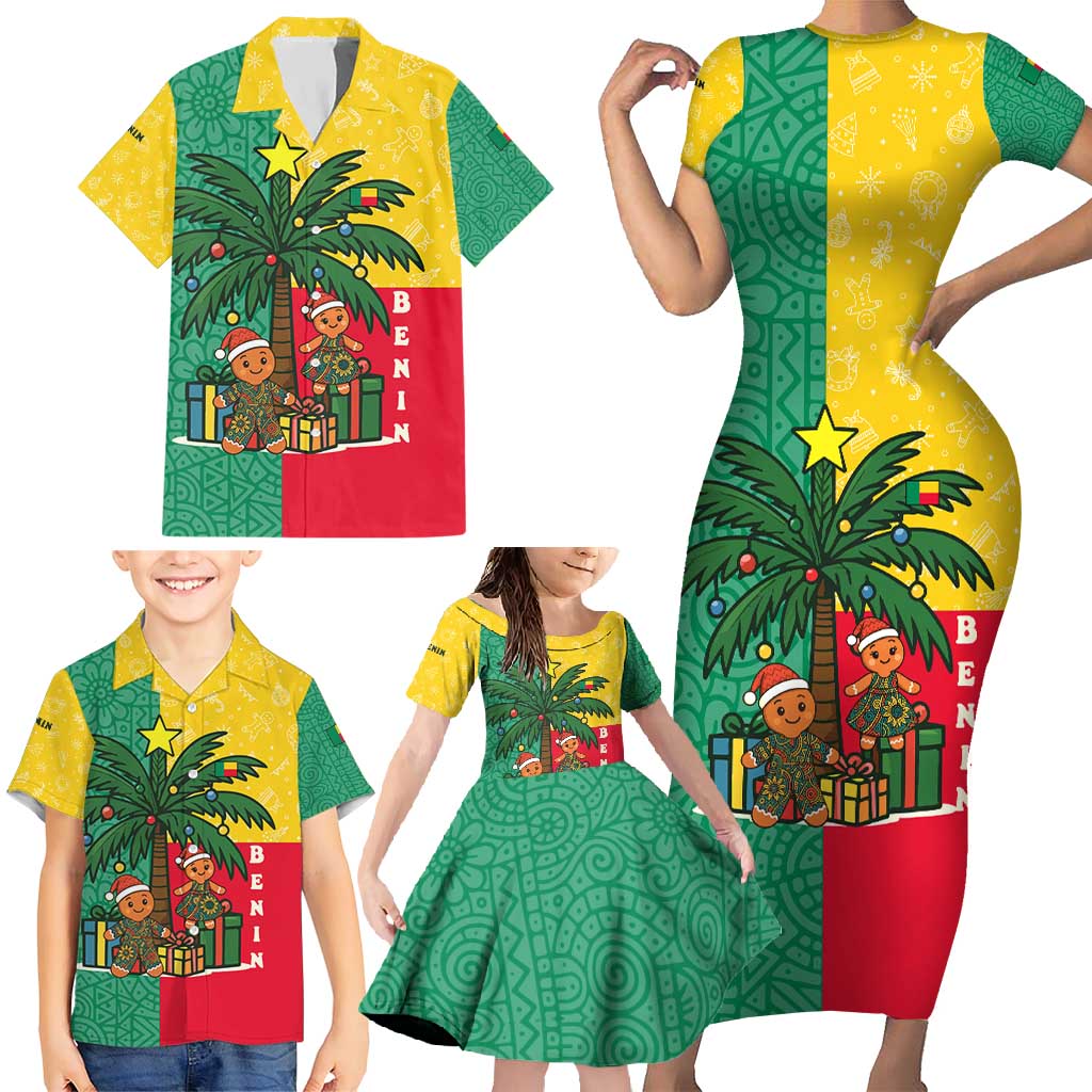 Benin Christmas Family Matching Short Sleeve Bodycon Dress and Hawaiian Shirt with Palm Tree Dolls and Red Yellow Green Festive - Wonder Print Shop