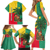 Benin Christmas Family Matching Short Sleeve Bodycon Dress and Hawaiian Shirt with Palm Tree Dolls and Red Yellow Green Festive - Wonder Print Shop