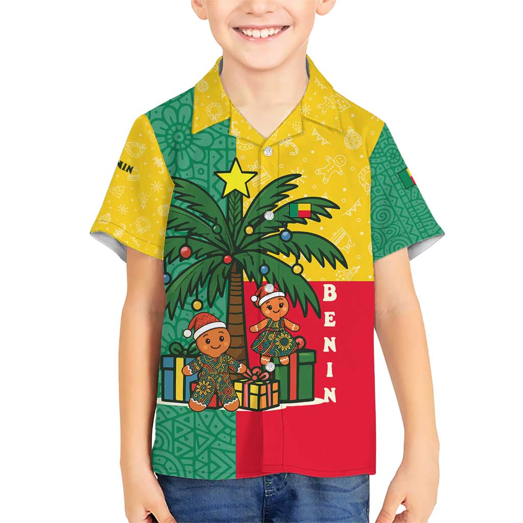 Benin Christmas Family Matching Short Sleeve Bodycon Dress and Hawaiian Shirt with Palm Tree Dolls and Red Yellow Green Festive - Wonder Print Shop