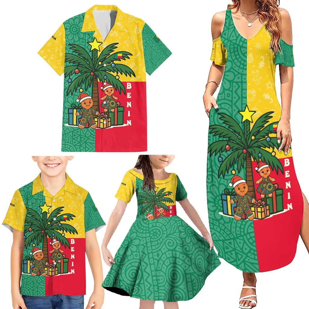 Benin Christmas Family Matching Summer Maxi Dress and Hawaiian Shirt with Palm Tree Dolls and Red Yellow Green Festive - Wonder Print Shop