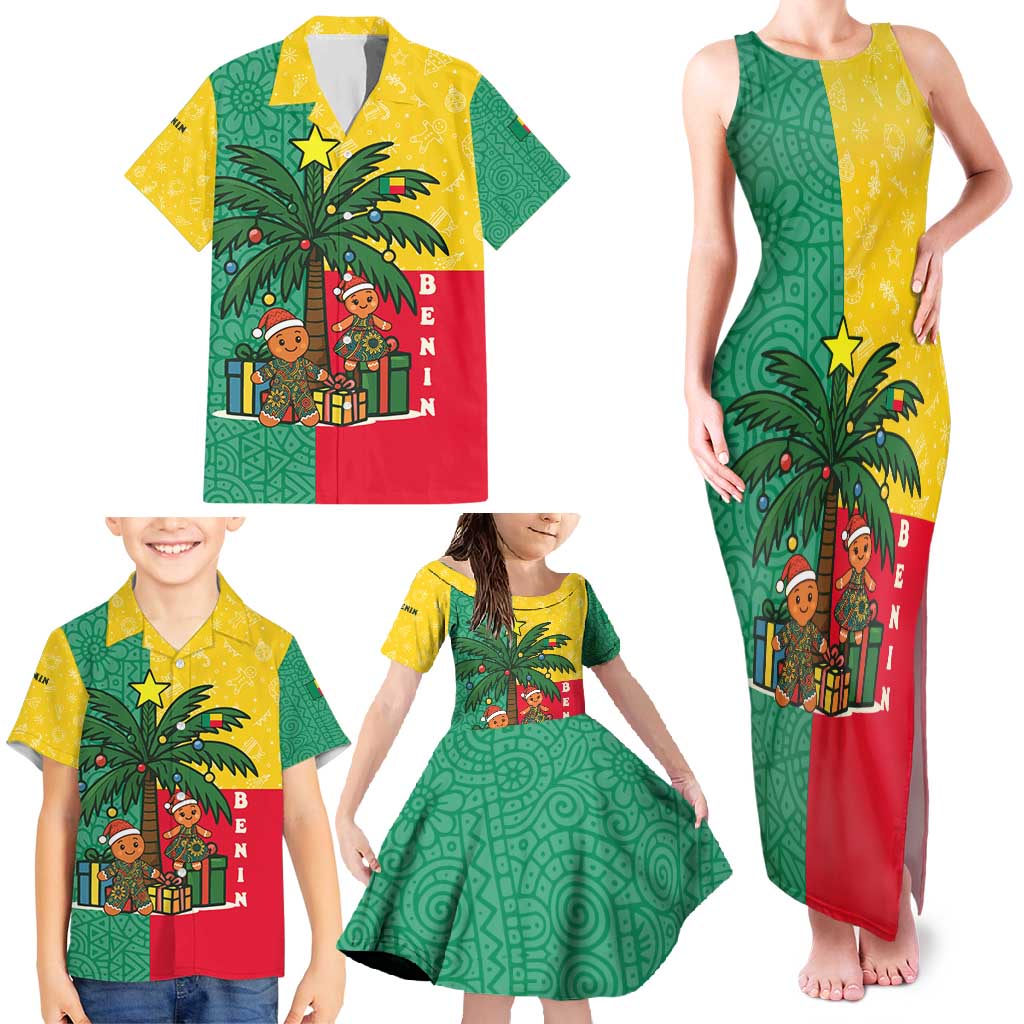 Benin Christmas Family Matching Tank Maxi Dress and Hawaiian Shirt with Palm Tree Dolls and Red Yellow Green Festive - Wonder Print Shop