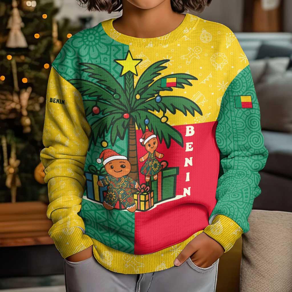 Benin Christmas Kid Ugly Christmas Sweater with Palm Tree Dolls and Red Yellow Green Festive - Wonder Print Shop