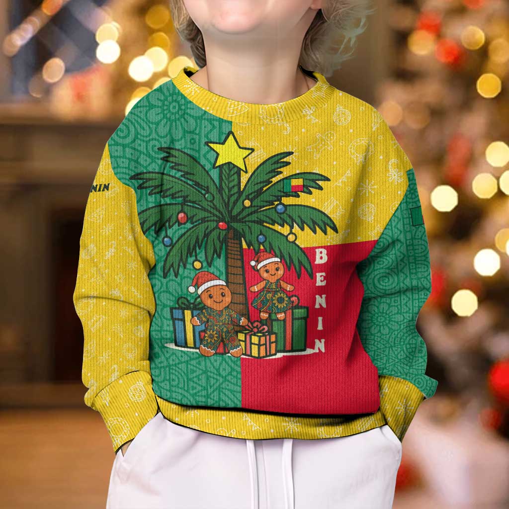 Benin Christmas Kid Ugly Christmas Sweater with Palm Tree Dolls and Red Yellow Green Festive - Wonder Print Shop