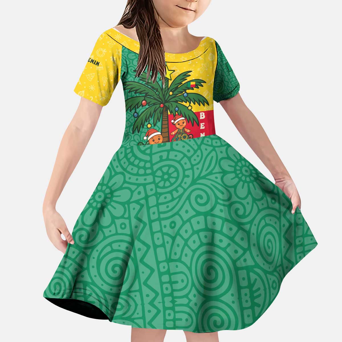 Benin Christmas Kid Short Sleeve Dress with Palm Tree Dolls and Red Yellow Green Festive - Wonder Print Shop