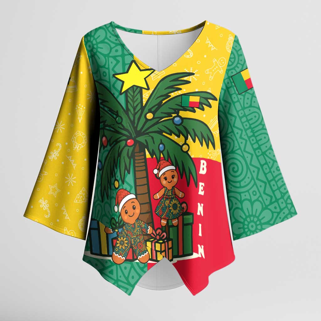 Benin Christmas Kimono Sleeve Blouse with Palm Tree Dolls and Red Yellow Green Festive - Wonder Print Shop