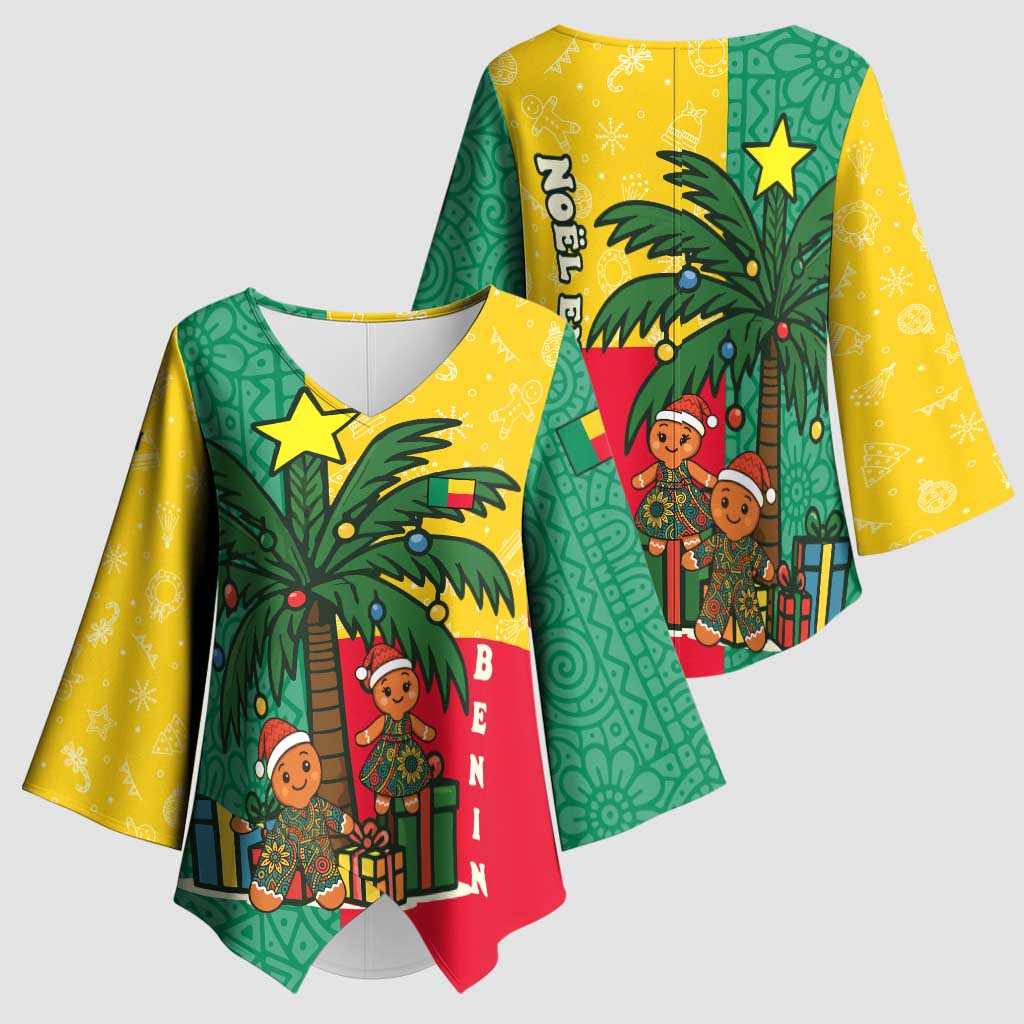 Benin Christmas Kimono Sleeve Blouse with Palm Tree Dolls and Red Yellow Green Festive - Wonder Print Shop