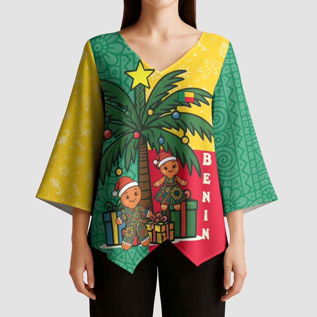 Benin Christmas Kimono Sleeve Blouse with Palm Tree Dolls and Red Yellow Green Festive - Wonder Print Shop