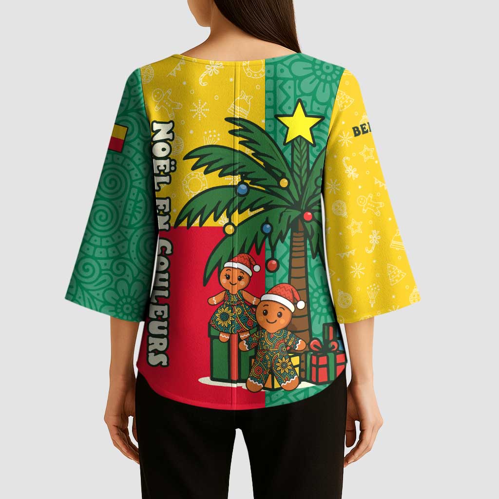 Benin Christmas Kimono Sleeve Blouse with Palm Tree Dolls and Red Yellow Green Festive - Wonder Print Shop