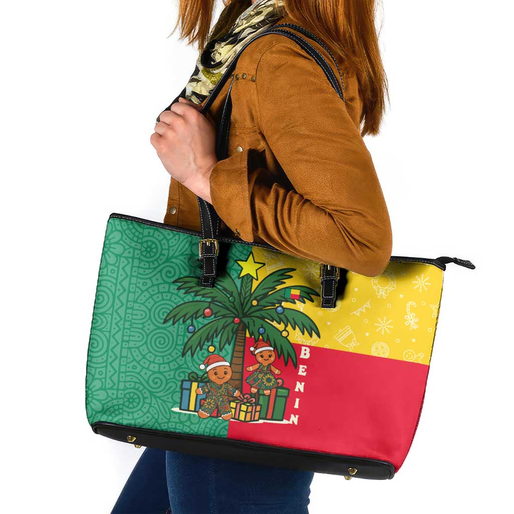 Benin Christmas Leather Tote Bag with Palm Tree Dolls and Red Yellow Green Festive - Wonder Print Shop