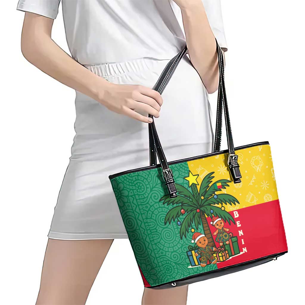 Benin Christmas Leather Tote Bag with Palm Tree Dolls and Red Yellow Green Festive - Wonder Print Shop