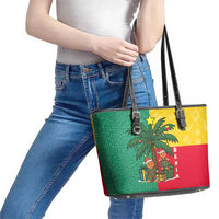 Benin Christmas Leather Tote Bag with Palm Tree Dolls and Red Yellow Green Festive - Wonder Print Shop