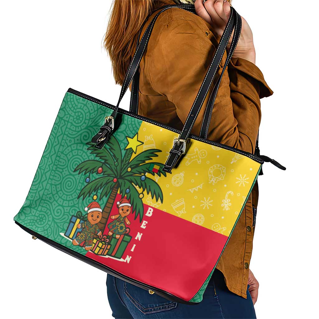 Benin Christmas Leather Tote Bag with Palm Tree Dolls and Red Yellow Green Festive - Wonder Print Shop