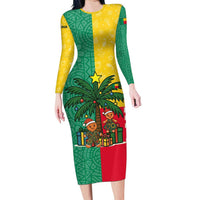 Benin Christmas Long Sleeve Bodycon Dress with Palm Tree Dolls and Red Yellow Green Festive - Wonder Print Shop