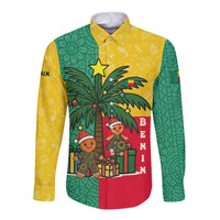 Benin Christmas Long Sleeve Button Shirt with Palm Tree Dolls and Red Yellow Green Festive - Wonder Print Shop