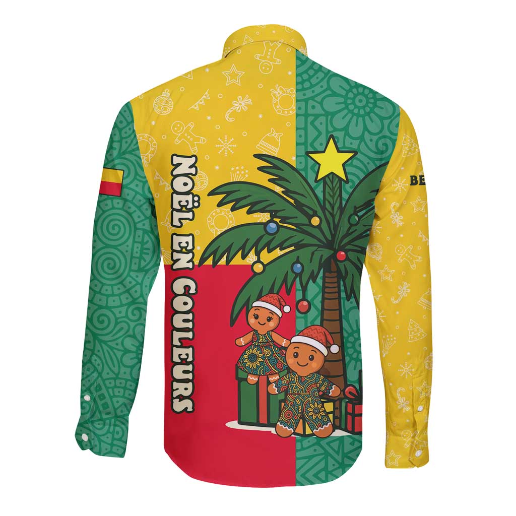 Benin Christmas Long Sleeve Button Shirt with Palm Tree Dolls and Red Yellow Green Festive - Wonder Print Shop