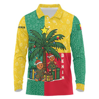Benin Christmas Long Sleeve Polo Shirt with Palm Tree Dolls and Red Yellow Green Festive - Wonder Print Shop