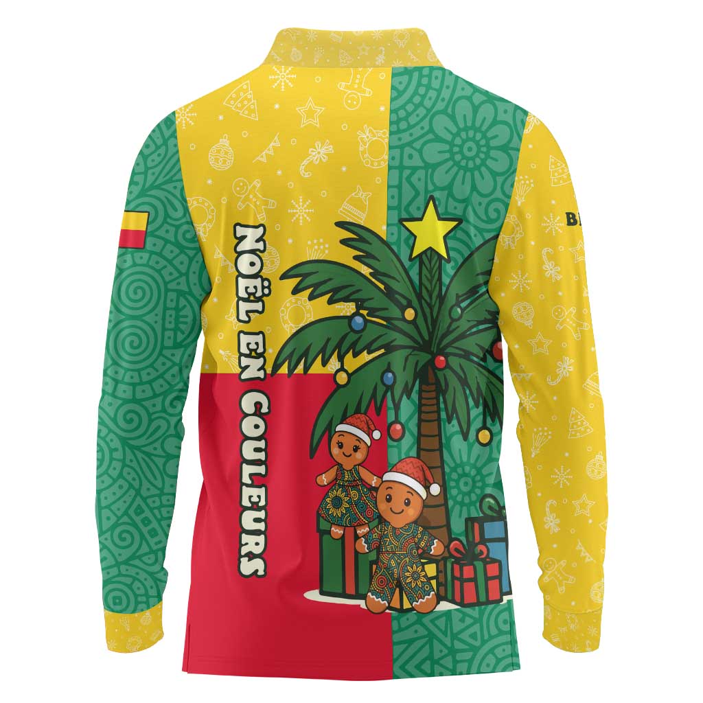 Benin Christmas Long Sleeve Polo Shirt with Palm Tree Dolls and Red Yellow Green Festive - Wonder Print Shop