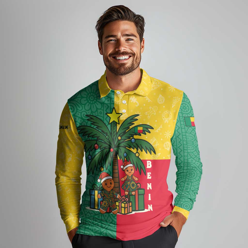Benin Christmas Long Sleeve Polo Shirt with Palm Tree Dolls and Red Yellow Green Festive - Wonder Print Shop