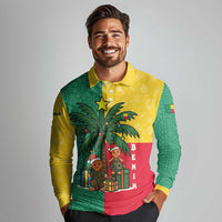 Benin Christmas Long Sleeve Polo Shirt with Palm Tree Dolls and Red Yellow Green Festive - Wonder Print Shop