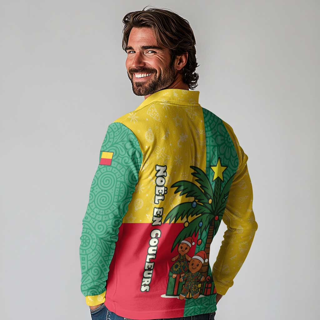 Benin Christmas Long Sleeve Polo Shirt with Palm Tree Dolls and Red Yellow Green Festive - Wonder Print Shop