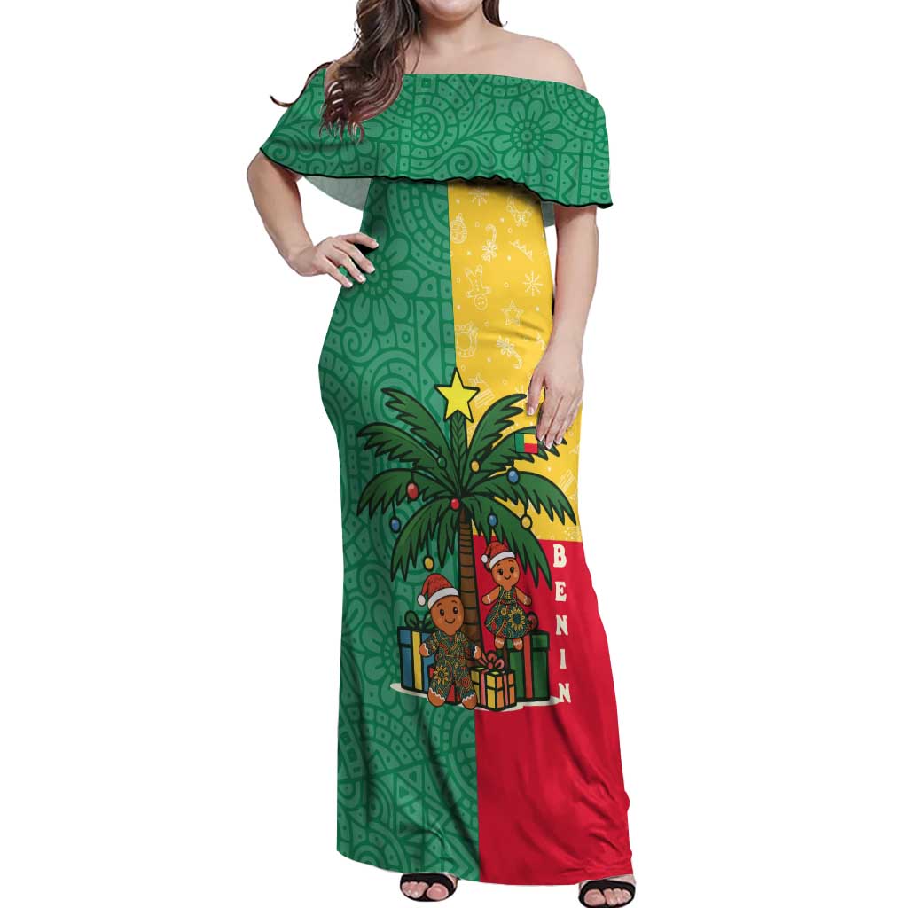 Benin Christmas Off Shoulder Maxi Dress with Palm Tree Dolls and Red Yellow Green Festive - Wonder Print Shop