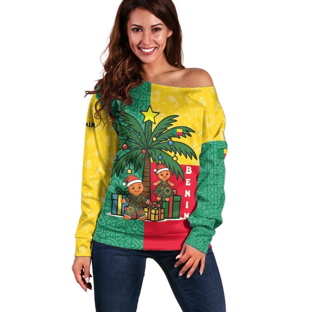 Benin Christmas Off Shoulder Sweater with Palm Tree Dolls and Red Yellow Green Festive - Wonder Print Shop